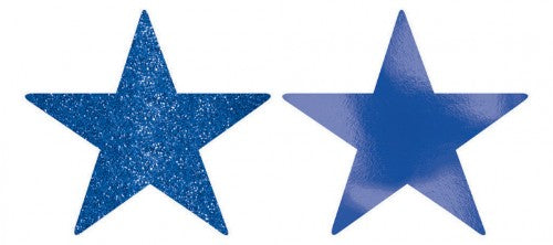 Bright royal blue star cutouts with foil and glitter, perfect for party decor and celebrations, pack of 5 units.