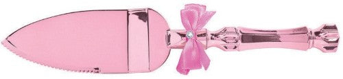 Pink electroplated cake server with bow and gem, 10 inches long, perfect for elegant serving.