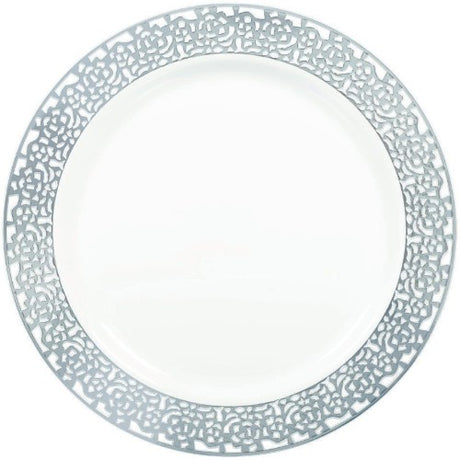 Elegant white round plates with silver lace border, perfect for formal or casual dining, pack of 20.