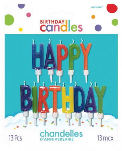Colorful 'Happy Birthday' letter candles in a pack of 13, perfect for festive birthday cake celebrations.