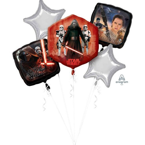 Star Wars The Force Awakens foil balloon bouquet with 5 vibrant balloons for birthday celebrations and themed parties.