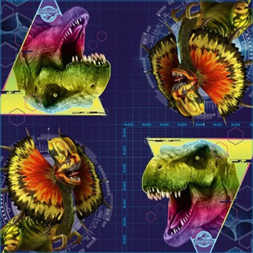 Vibrant 2-ply Jurassic World luncheon napkins with iconic dinosaurs, perfect for themed parties and easy cleanup.