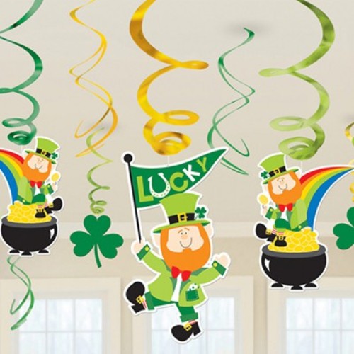 Vibrant St. Patrick's Day hanging swirls featuring leprechaun cutouts, perfect for festive decorations and celebrations.