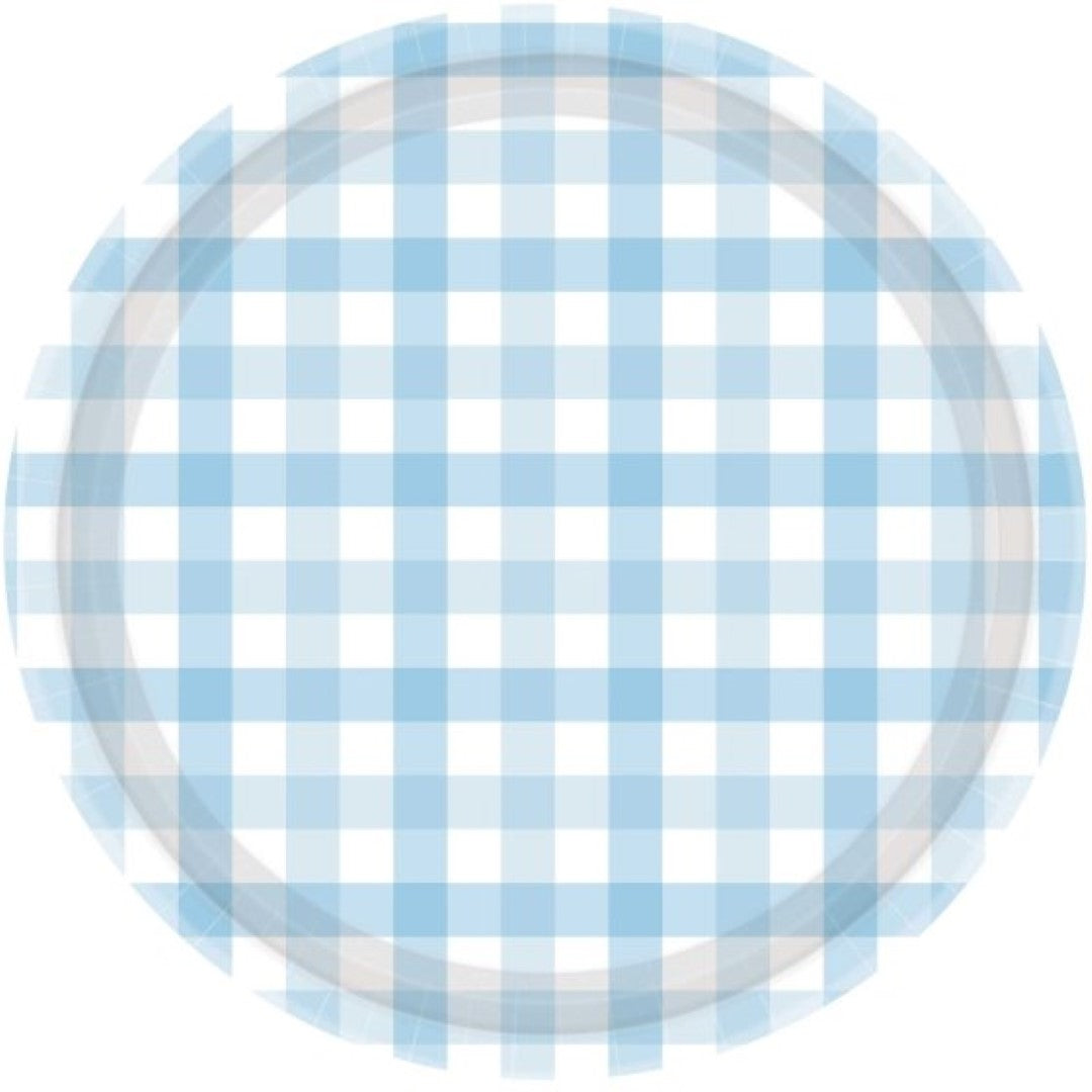 Pastel blue gingham paper plates, 17cm, perfect for appetizers and desserts, pack of 8 for stylish party decor.