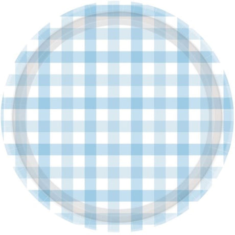 Pastel blue gingham paper plates, 17cm, perfect for appetizers and desserts, pack of 8 for stylish party decor.