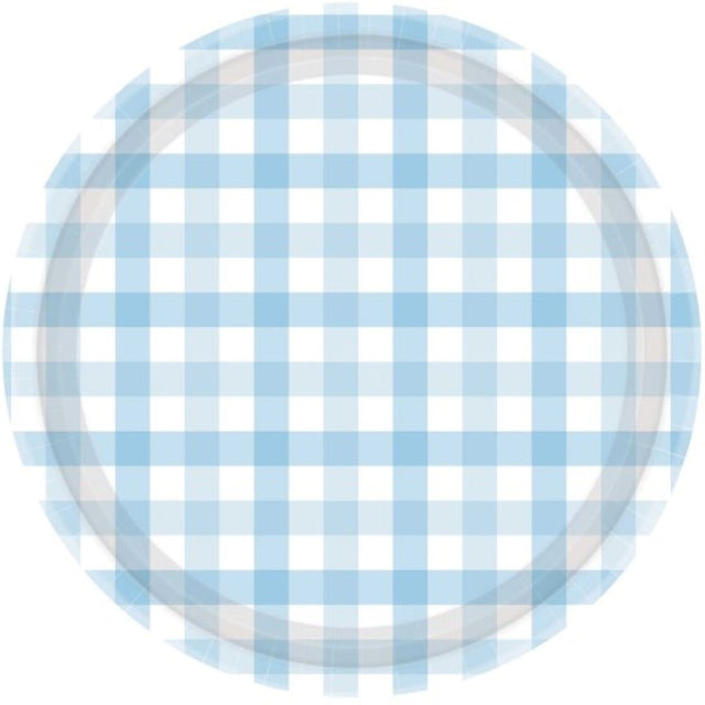 Pastel blue gingham paper plates, 17cm, perfect for appetizers and desserts, pack of 8 for stylish party decor.