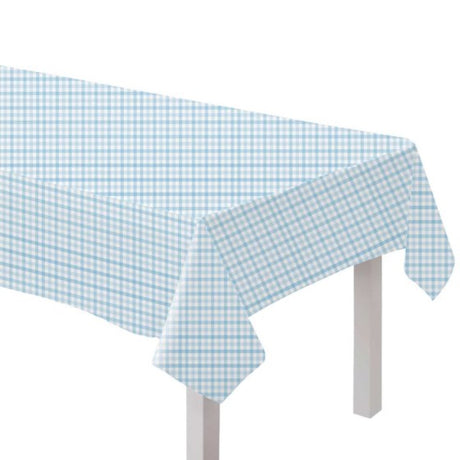 Pastel blue gingham paper tablecover, ideal for parties and picnics, eco-friendly and stylish for any occasion.