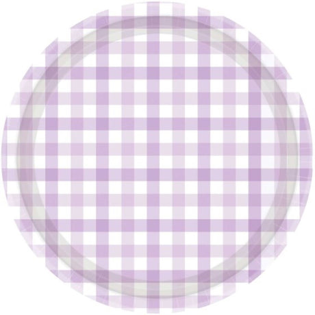 Pastel purple 23cm paper plates with a charming gingham pattern, ideal for festive occasions, pack of 8.