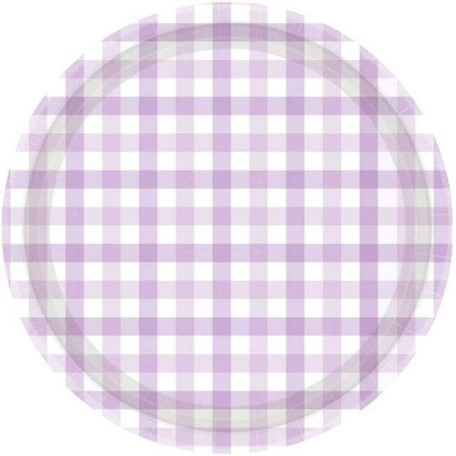 Pastel purple 23cm paper plates with a charming gingham pattern, ideal for festive occasions, pack of 8.