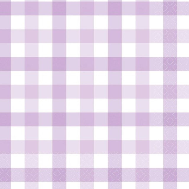 Pastel purple gingham lunch napkin pack of 16, perfect for stylish dining and eco-friendly gatherings.