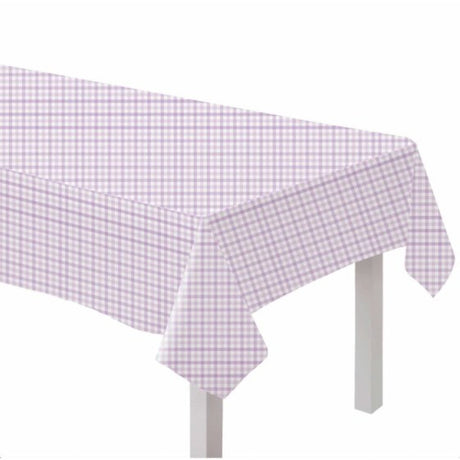Pastel purple gingham paper tablecover, perfect for events, eco-friendly, and adds rustic elegance to your dining experience.