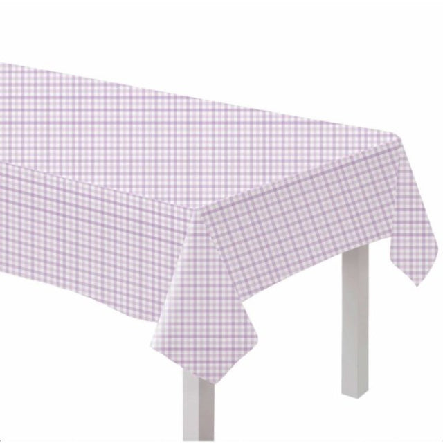 Pastel purple gingham paper tablecover, perfect for events, eco-friendly, and adds rustic elegance to your dining experience.