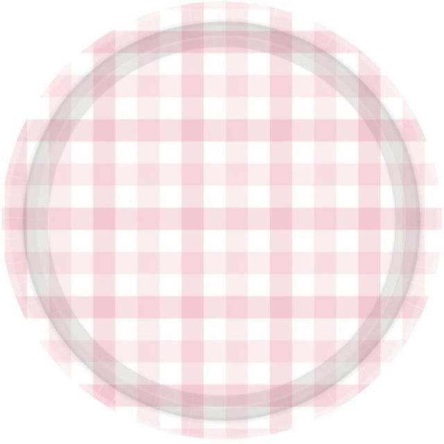 Pastel pink 17cm paper plates with a charming gingham pattern, ideal for parties and picnics, pack of 8.