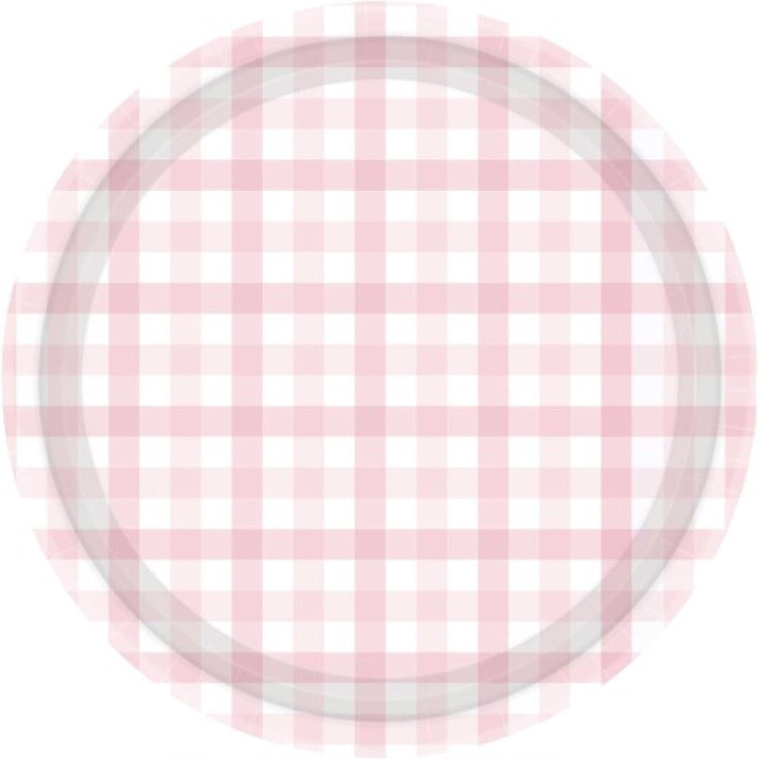 Pastel pink Gingham paper plates, 23cm, pack of 8, eco-friendly, perfect for parties and picnics.