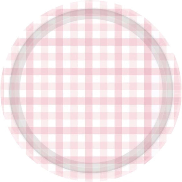 Pastel pink Gingham paper plates, 23cm, pack of 8, eco-friendly, perfect for parties and picnics.