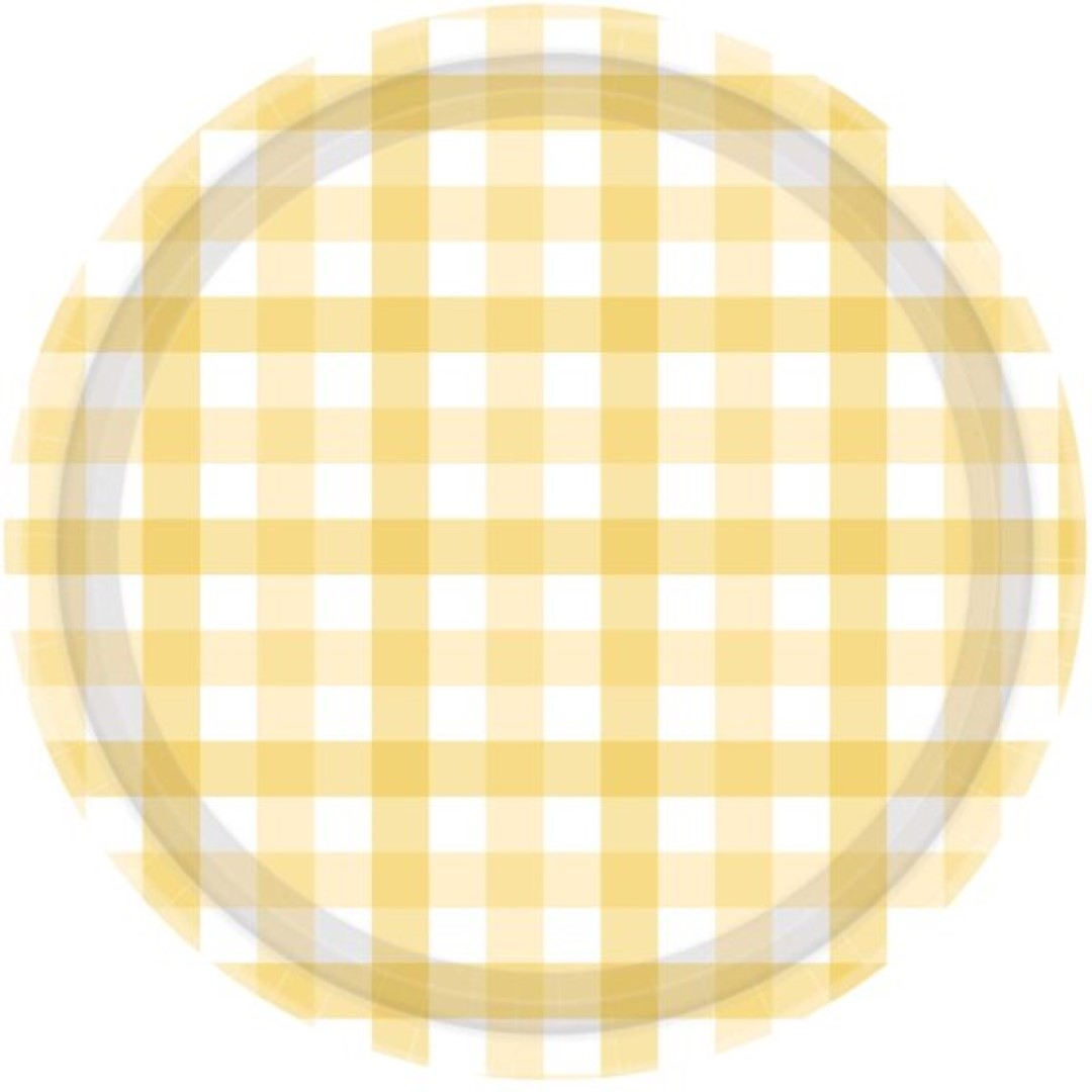 Pastel yellow 17cm paper plates with a whimsical gingham pattern, perfect for stylish, eco-friendly entertaining.
