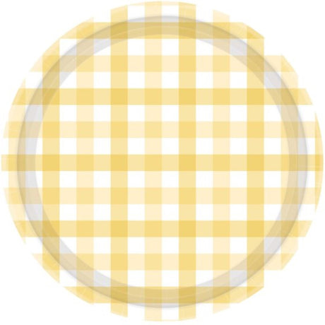 Pastel yellow 17cm paper plates with a whimsical gingham pattern, perfect for stylish, eco-friendly entertaining.