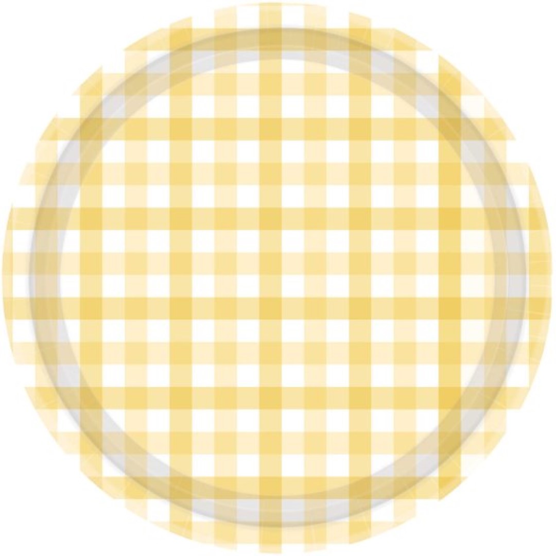 Pastel yellow 23cm paper plates with charming gingham pattern, perfect for eco-friendly parties and outdoor gatherings.
