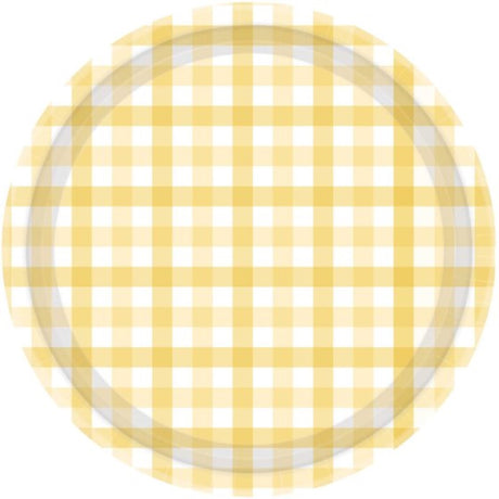 Pastel yellow 23cm paper plates with charming gingham pattern, perfect for eco-friendly parties and outdoor gatherings.