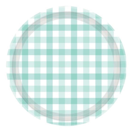 Pastel mint gingham 17cm paper plates, eco-friendly, stylish for events, pack of 8, perfect for parties and picnics.