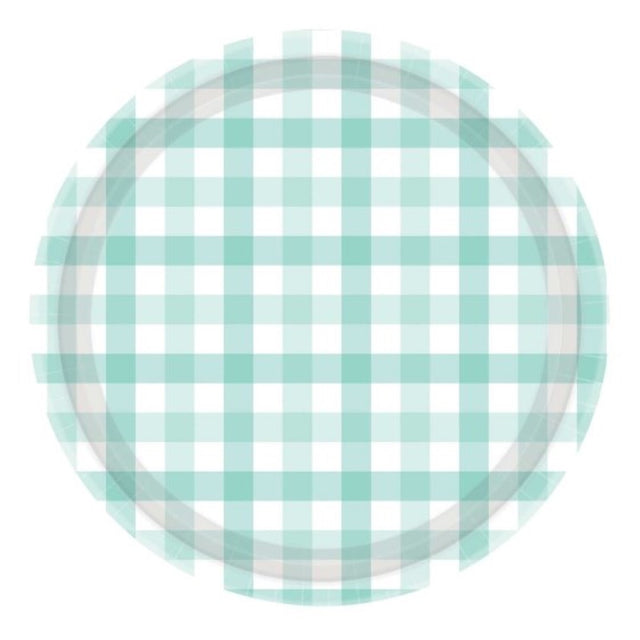 Pastel mint gingham 17cm paper plates, eco-friendly, stylish for events, pack of 8, perfect for parties and picnics.