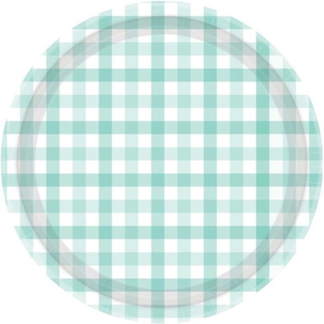 Pack of 8 pastel mint gingham paper plates, 23cm, stylish and eco-friendly for any celebration.