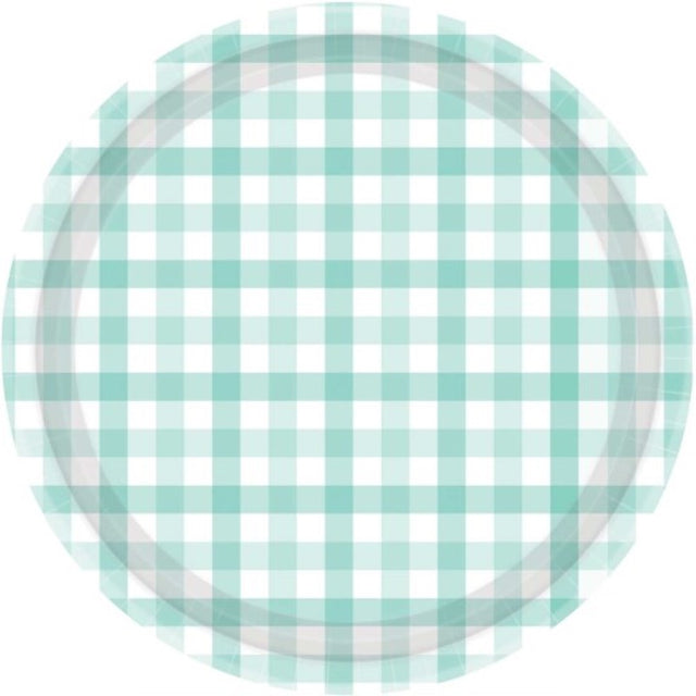 Pack of 8 pastel mint gingham paper plates, 23cm, stylish and eco-friendly for any celebration.