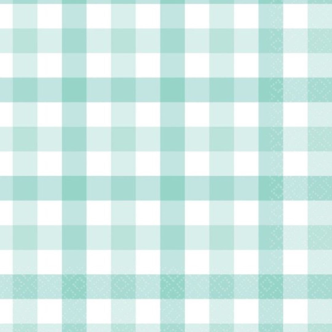 Pastel mint gingham lunch napkins in a pack of 16, perfect for stylish dining and eco-friendly celebrations.