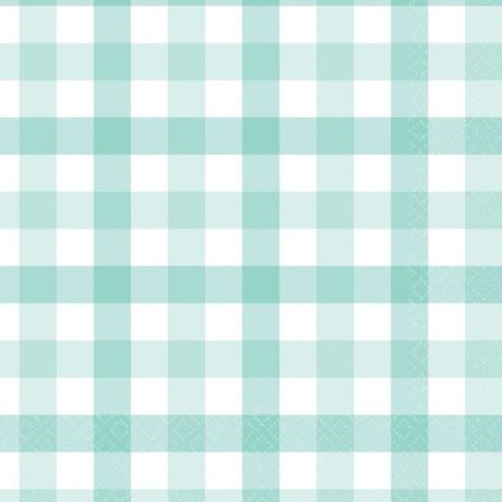 Pastel mint gingham lunch napkins in a pack of 16, perfect for stylish dining and eco-friendly celebrations.