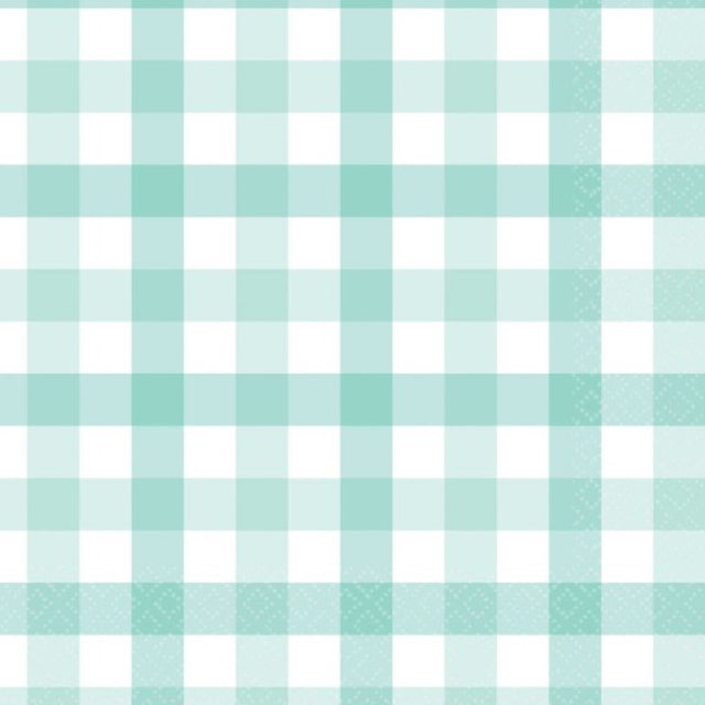 Pastel mint gingham lunch napkins in a pack of 16, perfect for stylish dining and eco-friendly celebrations.