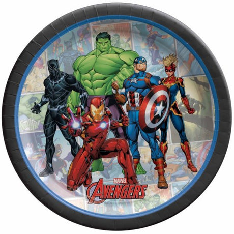 Colorful 17cm paper plates featuring iconic Marvel heroes, perfect for superhero-themed parties and easy cleanup.