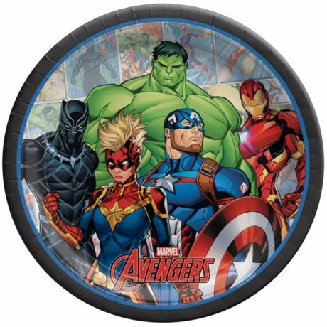 Colorful Marvel Powers Unite paper plates featuring iconic characters, perfect for superhero-themed celebrations, pack of 8.