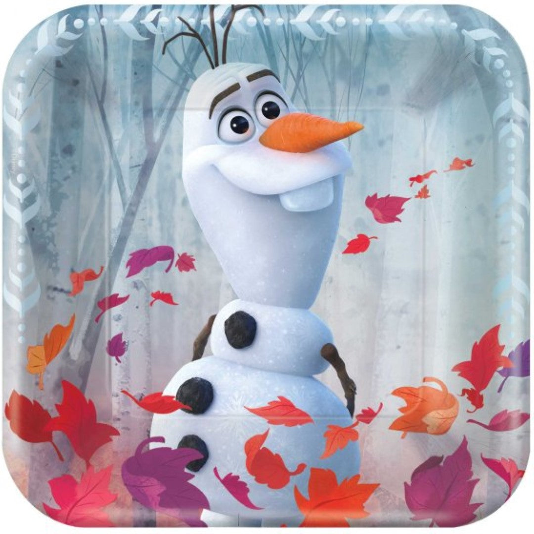 Frozen 2 17cm square paper plates featuring beloved characters, ideal for themed celebrations and easy clean-up. Pack of 8.