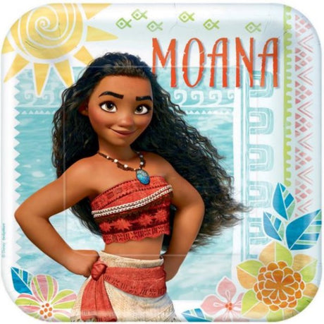 Moana 23cm square paper plates, pack of 8, featuring vibrant designs, eco-friendly and perfect for parties.