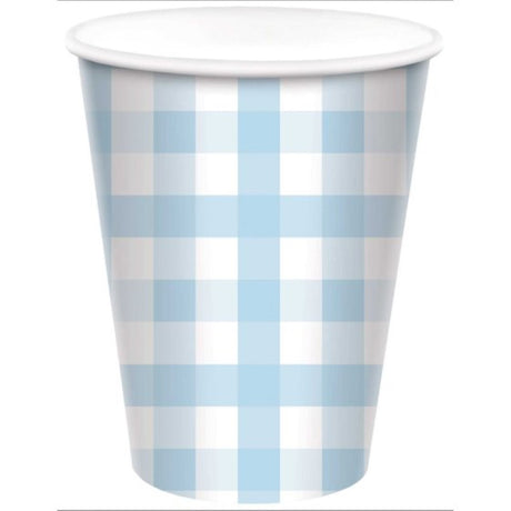 Pastel blue gingham paper cup, 266ml, pack of 8, perfect for parties and eco-friendly events.