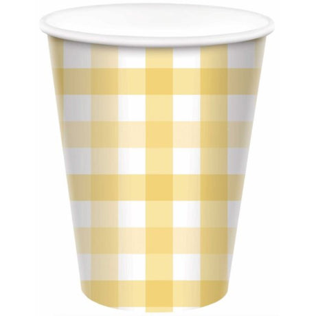 Pastel yellow 266ml paper cups with gingham design, perfect for parties and eco-friendly gatherings. Pack of 8.