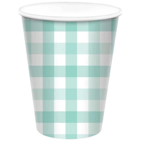 Pastel mint 266ml paper cups with gingham pattern, perfect for eco-friendly parties and gatherings, pack of 8.