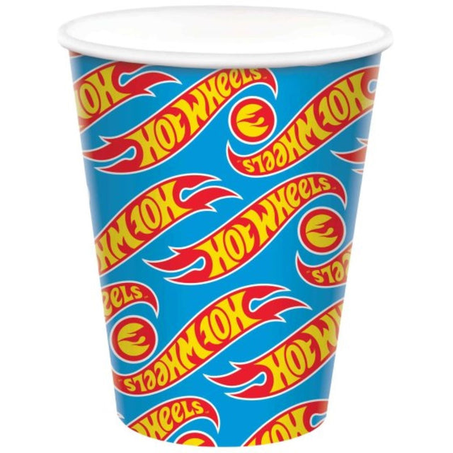 Pack of 8 Hot Wheels paper cups, 266ml, featuring vibrant racing designs, perfect for parties and eco-friendly celebrations.
