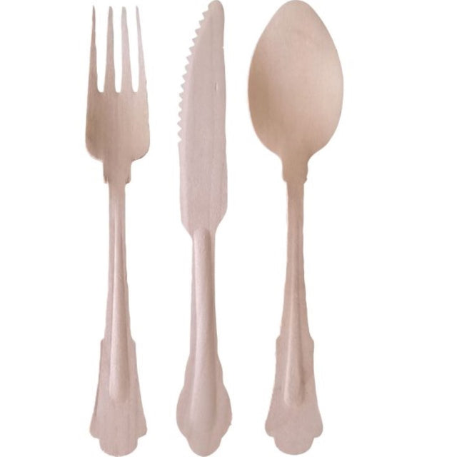 Elegant Wooden Cutlery Set with fan design, eco-friendly, 24 pieces, perfect for sustainable dining and events.