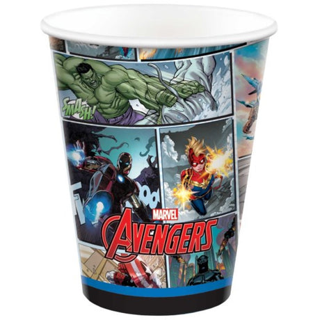 Vibrant Marvel Powers Unite paper cups featuring Spider-Man, Iron Man, and Captain America, perfect for parties and events.