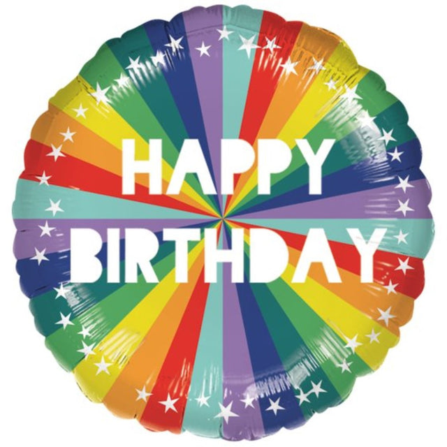 Vibrant 45cm rainbow balloon with 'Happy Birthday' text, perfect for joyful celebrations and eco-friendly parties.