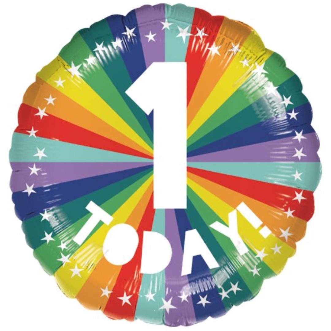 45cm Rainbow '1 Today' balloon, vibrant design for first birthdays, eco-friendly, perfect for celebrations and parties.
