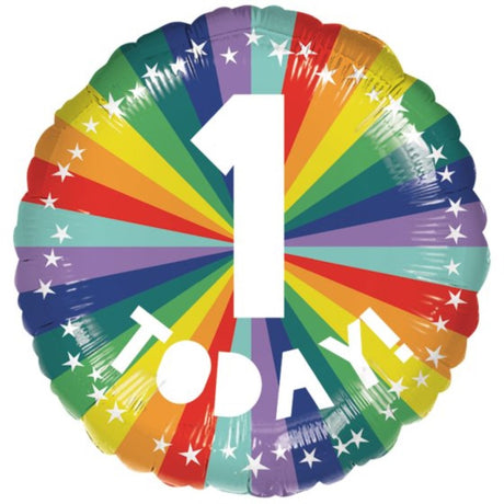 45cm Rainbow '1 Today' balloon, vibrant design for first birthdays, eco-friendly, perfect for celebrations and parties.