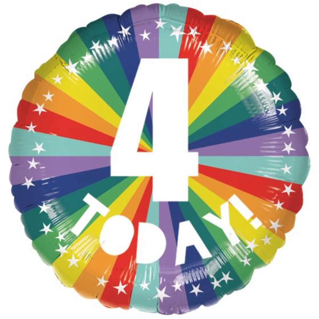 45cm Rainbow 4 Today balloon, vibrant design, perfect for 4th birthday celebrations, durable for indoor and outdoor events.