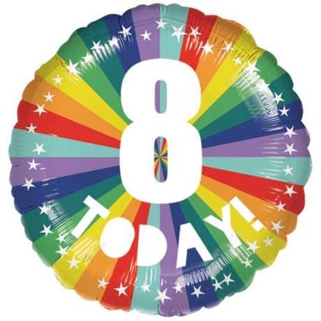 45cm vibrant rainbow balloon featuring '8 Today' for birthdays and celebrations, durable and easy to inflate.