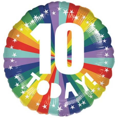 Vibrant 45cm rainbow balloon with '10 Today' message, perfect for birthdays and festive celebrations.