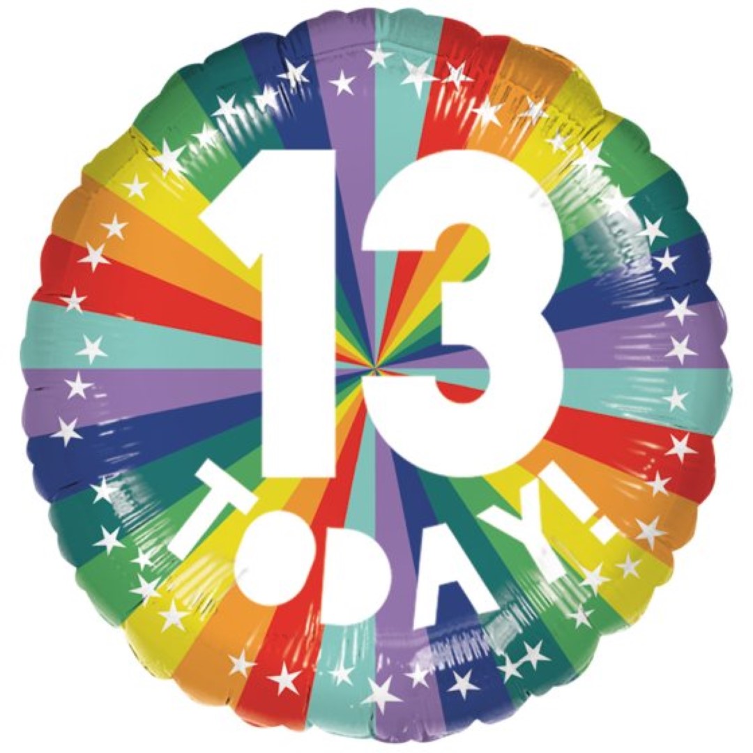 Vibrant 45cm Rainbow balloon with '13 Today' message, perfect for birthday celebrations and festive decorations.