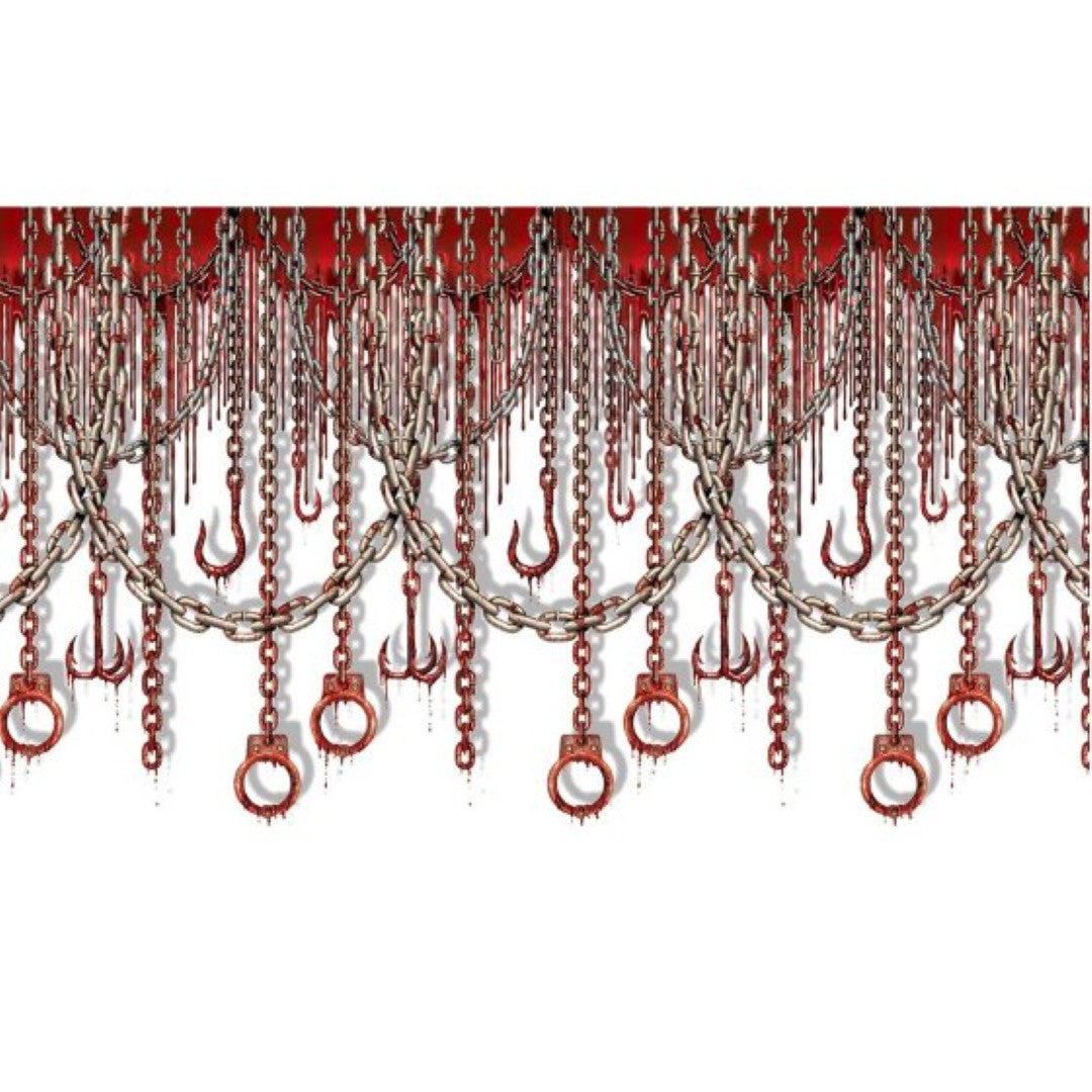 Eerie Beistle Bloody Chains & Hooks Backdrop, 1.21m x 9m, perfect for Halloween parties and spooky photo opportunities.