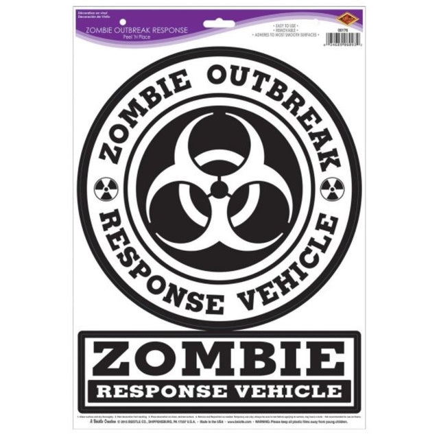 Beistle Zombie Outbreak Response Peel 'N Place featuring a striking zombie design, perfect for Halloween decorations.