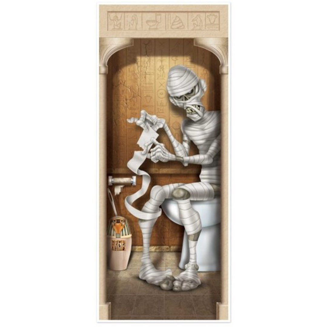 Beistle Mummy Restroom Door Cover featuring a spooky mummy design, perfect for festive Halloween decorations.
